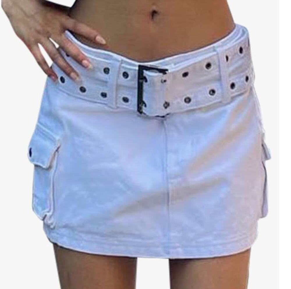 NWT Princess Polly White Denim Jean Low Rise Belted Cargo  Mini Skirt Size 12